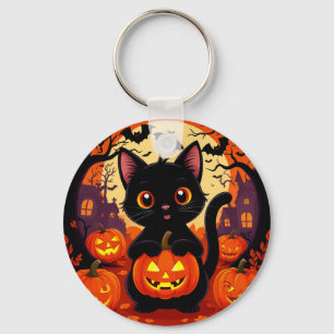 Cute Black Cat with Halloween Pumpkins Keychain