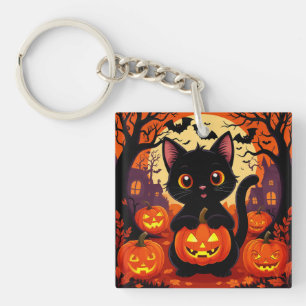Cute Black Cat with Halloween Pumpkins Keychain