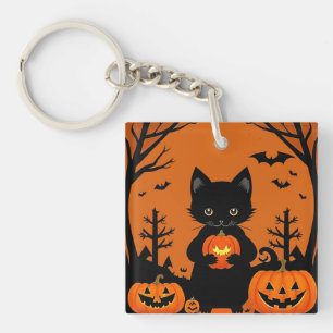 Cute Black Cat with Halloween Pumpkins Keychain