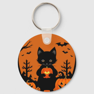 Cute Black Cat with Halloween Pumpkins Keychain