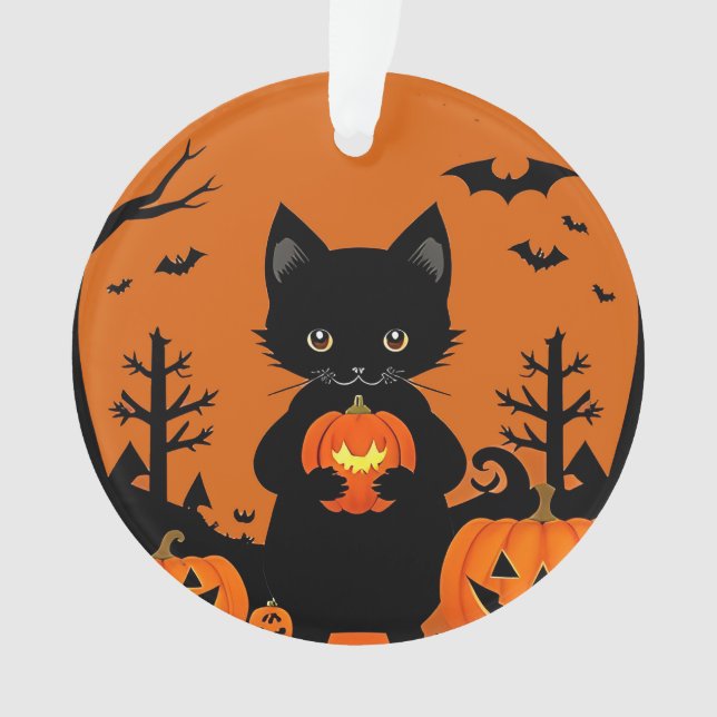 Cute Black Cat with Halloween Pumpkins Ornament (Front)
