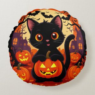 Cute Black Cat with Halloween Pumpkins Round Pillow