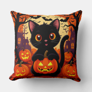 Cute Black Cat with Halloween Pumpkins Throw Pillow