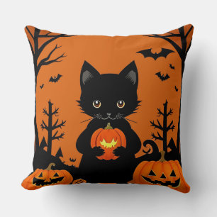Cute Black Cat with Halloween Pumpkins Throw Pillow
