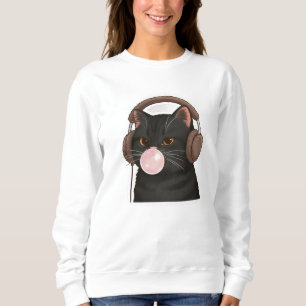 Cute Black Cat with Headphones Blowing Bubblegum Sweatshirt