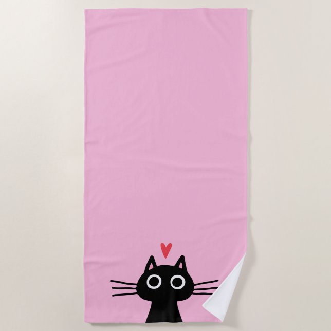 Cute Black Cat with Heart Beach Towel (Front)