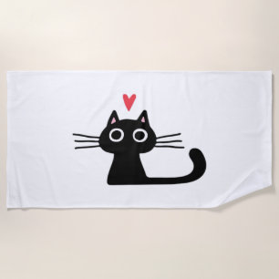 Cute Black Cat with Heart  Kitten Valentine Classi Beach Towel