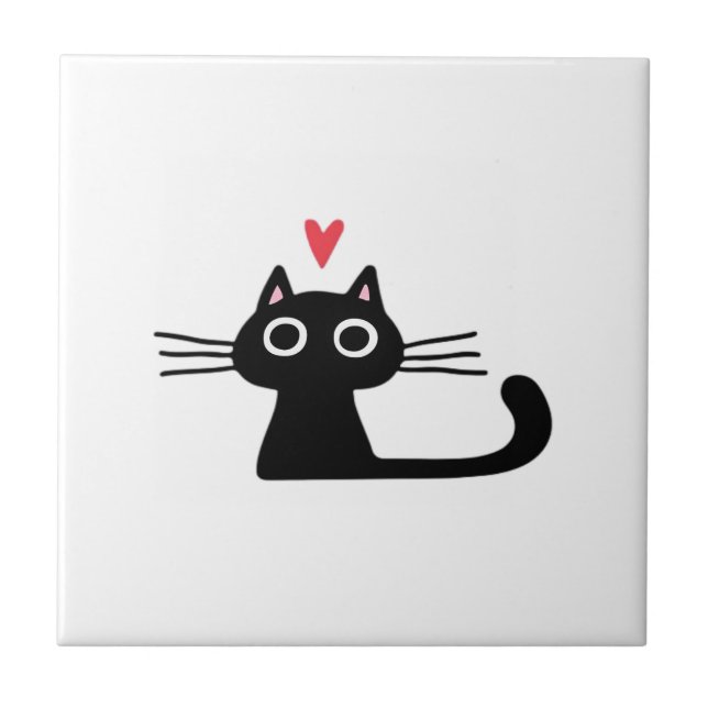 Cute Black Cat with Heart  Kitten Valentine Classi Tile (Front)