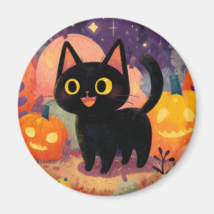 Cute Black Cat with Jack-o-Lanterns - Magnet
