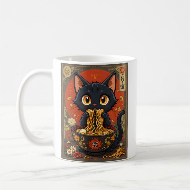 Cute Black Cat with Noodles Coffee Mug (Left)