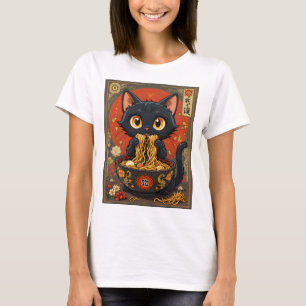 Cute Black Cat with Noodles T-Shirt