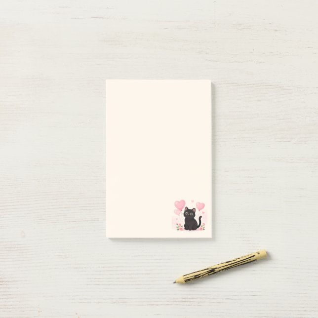 Cute black cat with pink hearts and flowers post-it notes (On Desk)