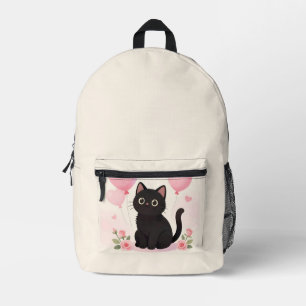 Cute black cat with pink hearts and flowers printed backpack