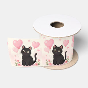 Cute black cat with pink hearts and flowers satin ribbon