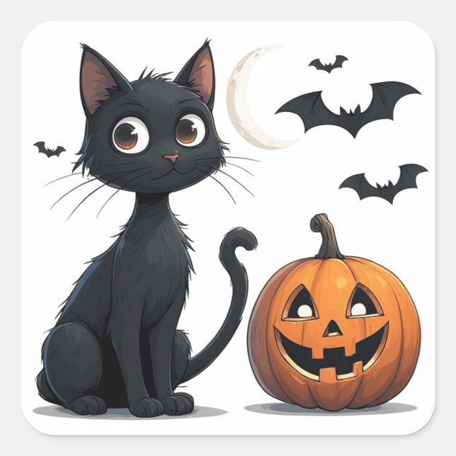 Cute Black Cat with pumpkin Halloween 🎃 Square Sticker (Front)