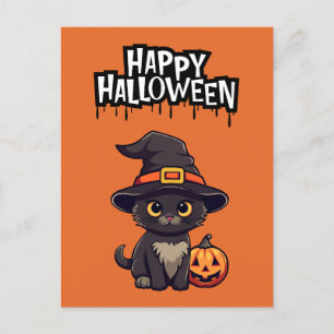 Cute Black Cat  With Pumpkin Jack O Lantern Postcard