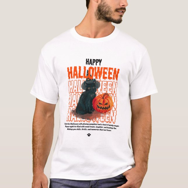Cute Black Cat with Pumpkin |Spooky Happy Hallowen T-Shirt (Front)