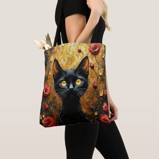 Cute Black Cat With Red Roses Tote Bag (Close Up)