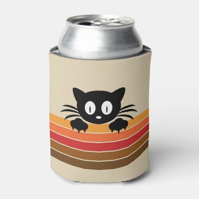 Cute black cat with retro stripes  can cooler (Can Front)