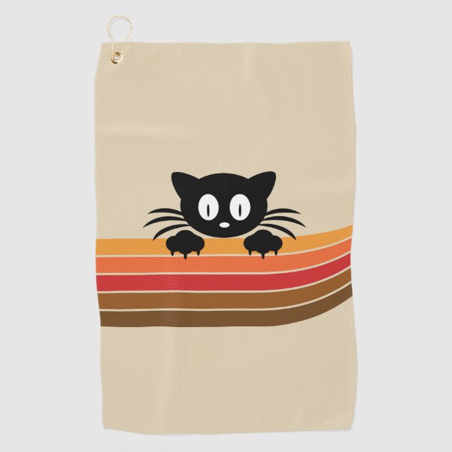 Cute black cat with retro stripes  golf towel (Front)
