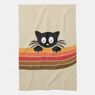 Cute black cat with retro stripes kitchen towel