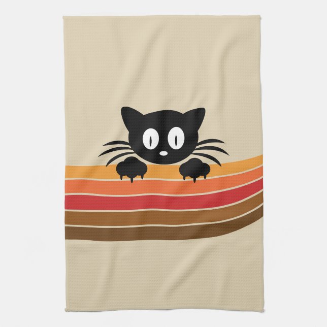 Cute black cat with retro stripes  kitchen towel (Vertical)