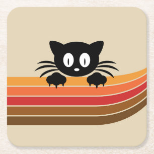 Cute black cat with retro stripes square paper coaster