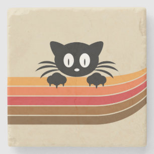 Cute black cat with retro stripes stone coaster