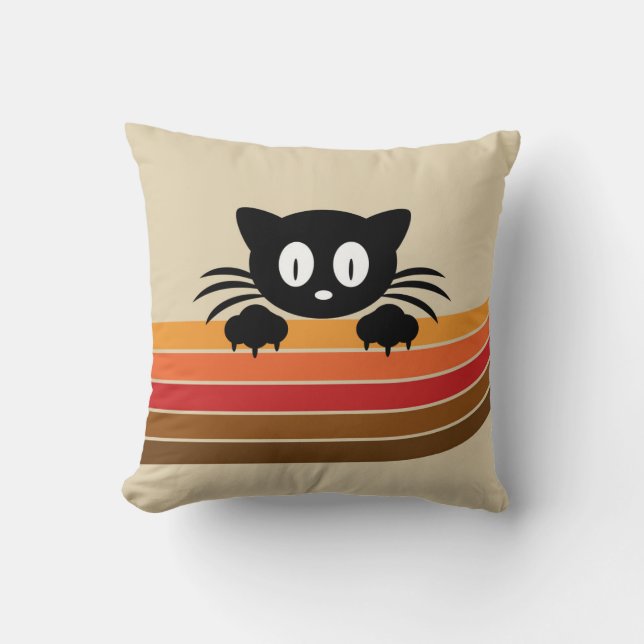 Cute black cat with retro stripes throw pillow (Front)