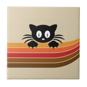 Cute black cat with retro stripes  tile