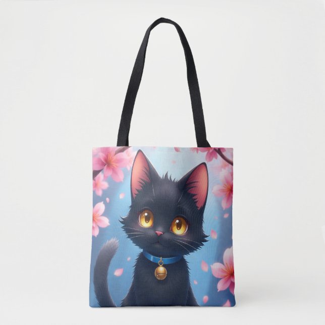 Cute Black Cat with Sakura Flowers Tote Bag (Front)