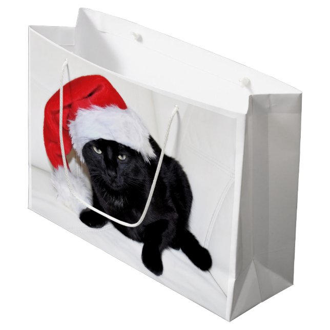 Cute Black Cat with Santa Hat Large Gift Bag (Front Angled)
