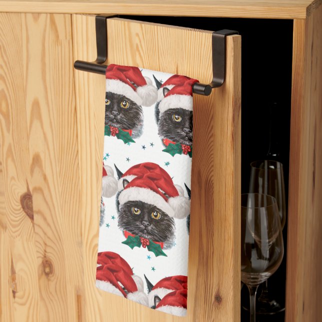 Cute Black Cat with Santa Hat on Christmas Kitchen Towel (Thirds Fold)