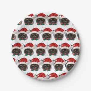 Cute Black Cat with Santa Hat on Christmas Paper Plate