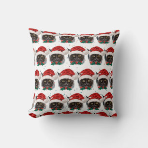 Cute Black Cat with Santa Hat on Christmas Throw Pillow