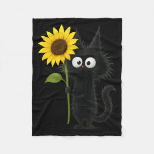 Cute Black Cat with Sunflower Adorable Nature Fleece Blanket