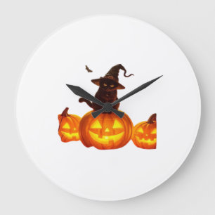 Cute Black Cat with Witch Hat, Bats & Pumpkins � H Large Clock