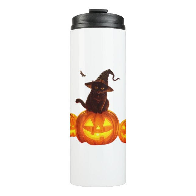 Cute Black Cat with Witch Hat, Bats & Pumpkins – H Thermal Tumbler (Front)