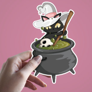 Cute Black Cat with Witch Hat Brewing Magic Potion