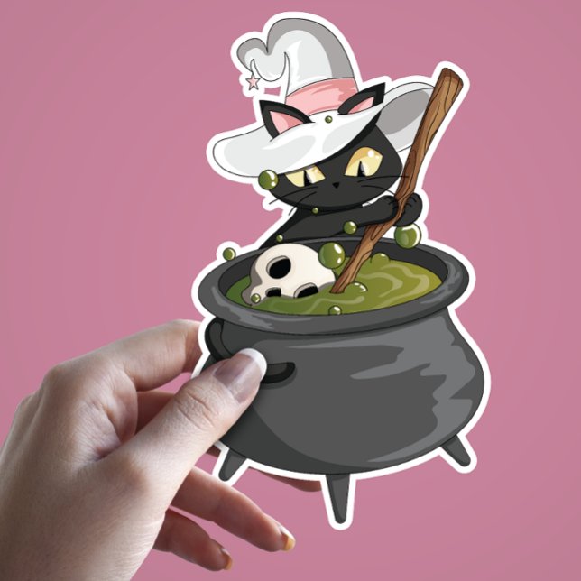 Cute Black Cat with Witch Hat Brewing Magic Potion (Black Cat Mixing Up a Potion. Halloween Theme Sticker)