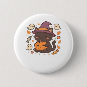 Cute Black Cat with Witch Hat – Kawaii Halloween A 2 Inch Round Button