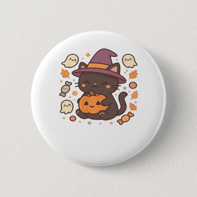Cute Black Cat with Witch Hat – Kawaii Halloween A 2 Inch Round Button (Front)