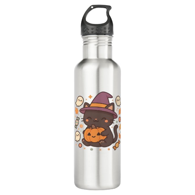 Cute Black Cat with Witch Hat – Kawaii Halloween A 710 Ml Water Bottle (Front)