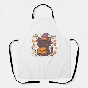 Cute Black Cat with Witch Hat – Kawaii Halloween A Apron