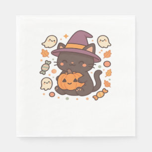 Cute Black Cat with Witch Hat – Kawaii Halloween A Napkin
