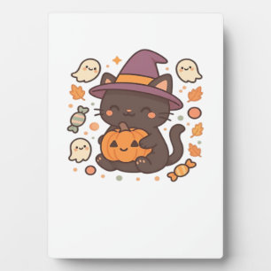 Cute Black Cat with Witch Hat – Kawaii Halloween A Plaque
