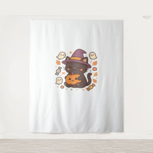 Cute Black Cat with Witch Hat – Kawaii Halloween A Tapestry