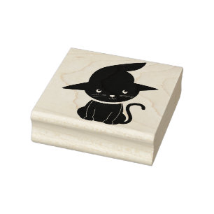 Cute Black Cat with Witches Hat Rubber Stamp
