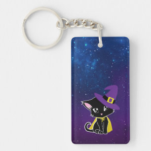 Cute Black Cat Wizard Under the Stars Keychain