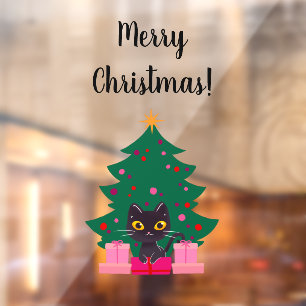 Cute Black Cat & XmasTree Merry Christmas Text Window Cling